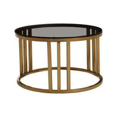 Set of 2 Tinted Glass Round Tops Nesting Coffee Tables with Brushed Gold Stainless Steel Frames | Alana
