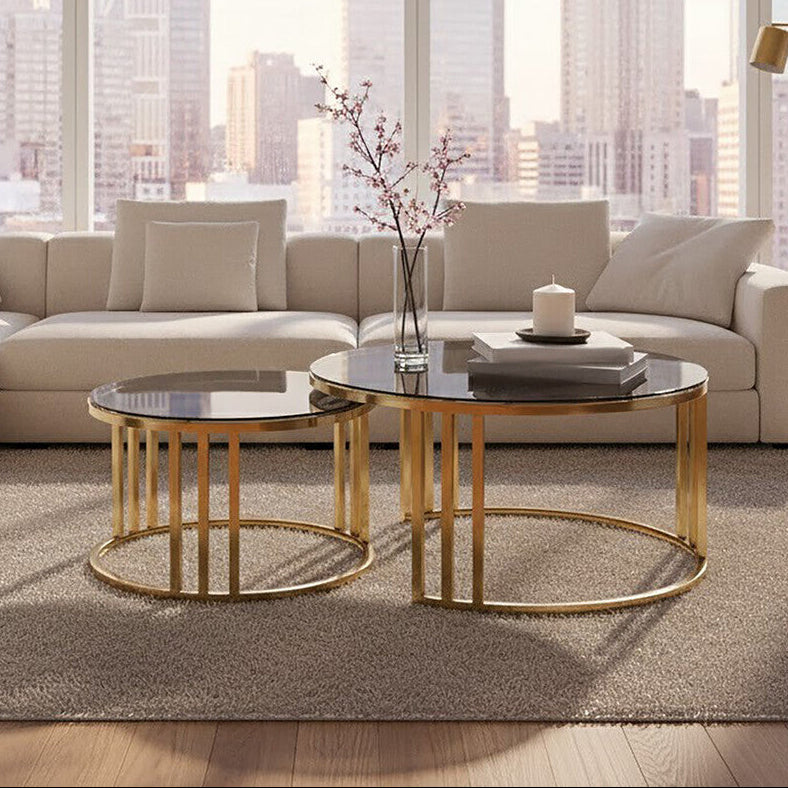 Set of 2 Tinted Glass Round Tops Nesting Coffee Tables with Brushed Gold Stainless Steel Frames | Alana
