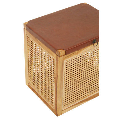 Natural Solid Teak and Rattan Storage Box Side Table with Antique Brown Leather Lid | Kendari