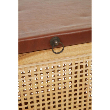 Natural Solid Teak and Rattan Storage Box Side Table with Antique Brown Leather Lid | Kendari