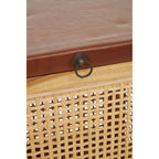 Natural Solid Teak and Rattan Storage Box Side Table with Antique Brown Leather Lid | Kendari