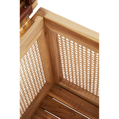 Natural Solid Teak and Rattan Storage Box Side Table with Antique Brown Leather Lid | Kendari