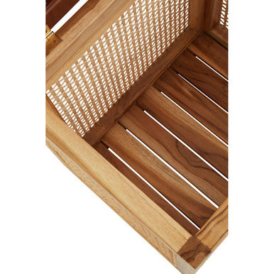 Natural Solid Teak and Rattan Storage Box Side Table with Antique Brown Leather Lid | Kendari