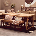 Natural Teak Wood Dining Table with Herringbone Top and Gold Finish Metal Frame | Kendari