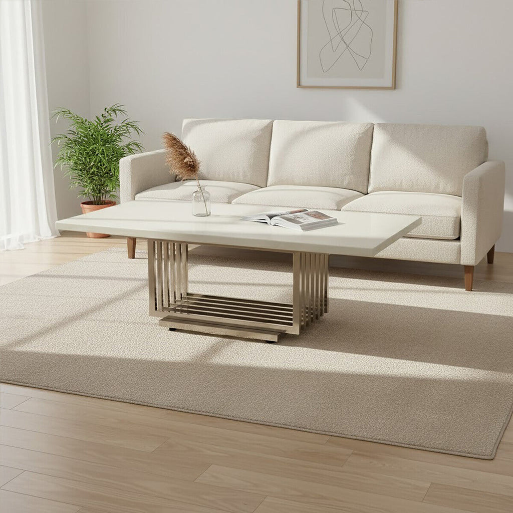 White Faux Marble Top Coffee Table with Silver Geometric Stainless Steel Frame | Moda
