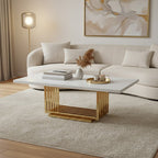 Ivory White Faux Marble Top Coffee Table with Geometric Gold Finished Stainless Steel Frame | Moda
