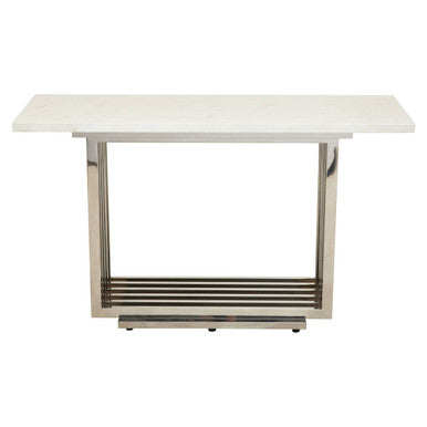 White Marble Top Console Table with Geometric Silver Stainless Steel Base | Moda