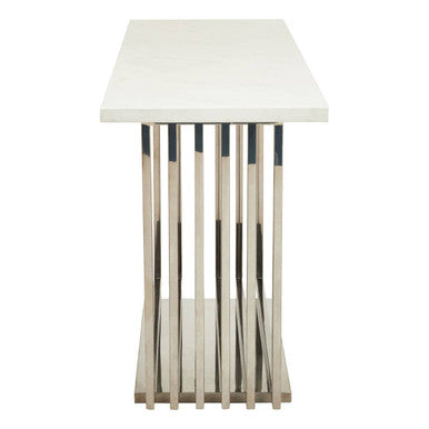 White Marble Top Console Table with Geometric Silver Stainless Steel Base | Moda