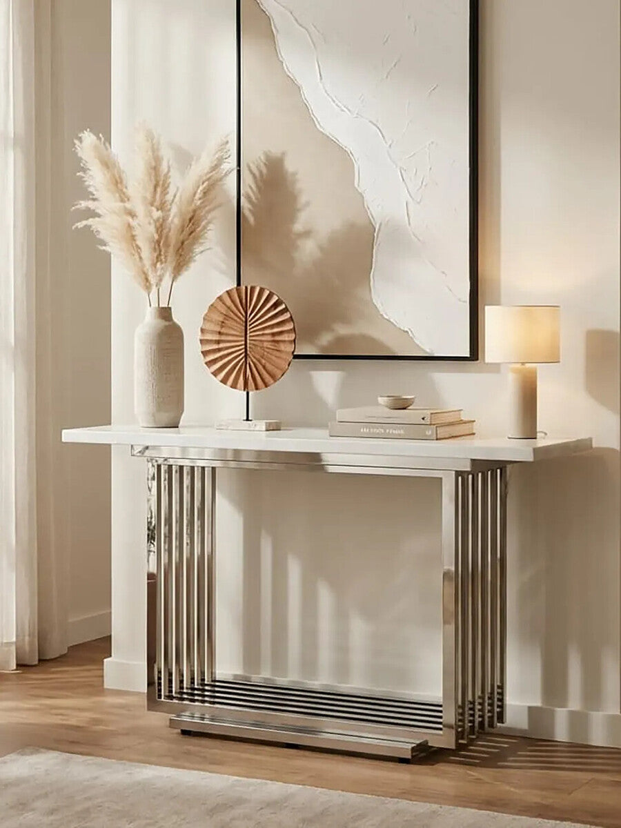 White Marble Top Console Table with Geometric Silver Stainless Steel Base | Moda