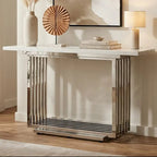White Marble Top Console Table with Geometric Silver Stainless Steel Base | Moda