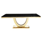 Black Faux Marble Rectangular Top Dining Table with Brushed Gold Geometric Frame | Moda