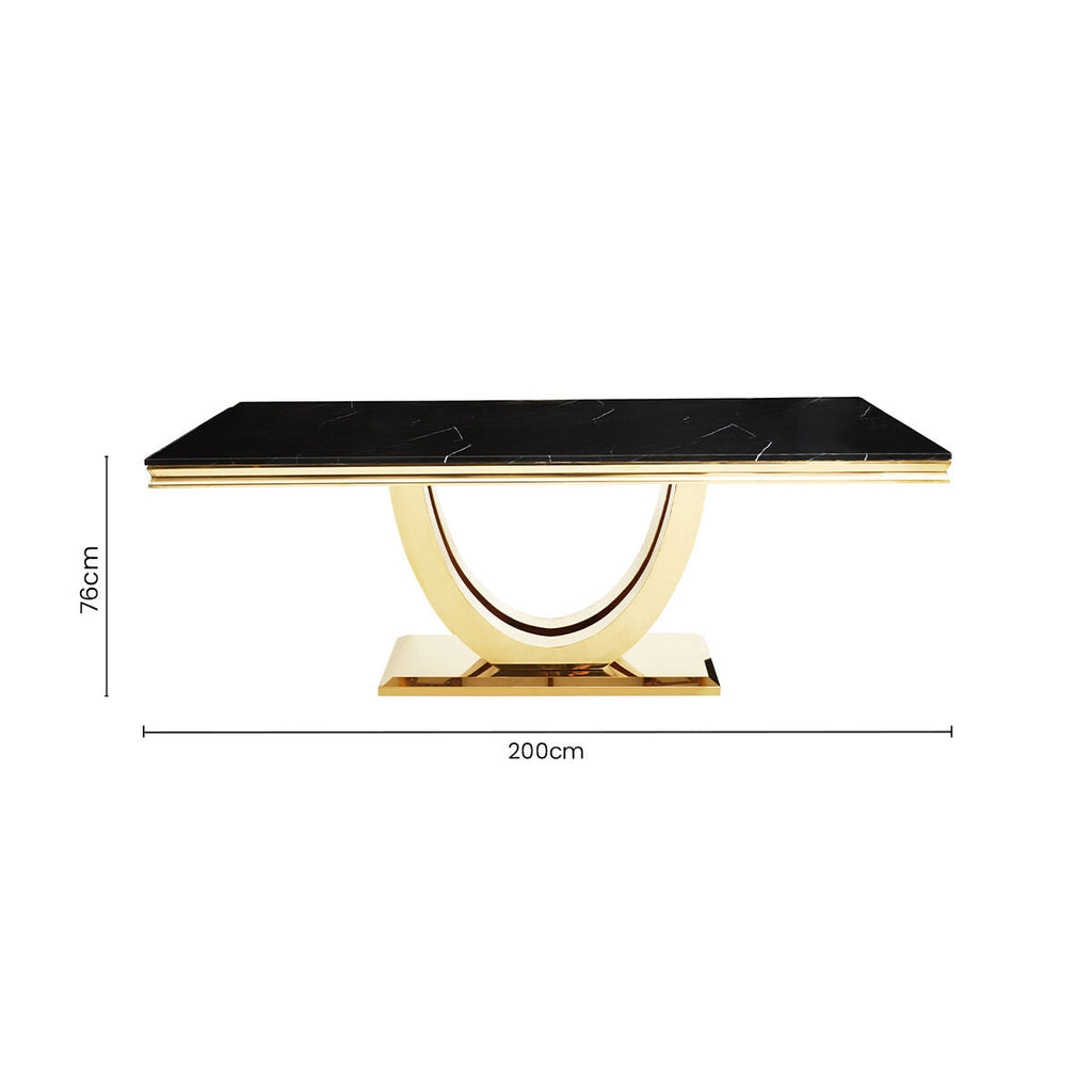 Black Faux Marble Rectangular Top Dining Table with Brushed Gold Geometric Frame | Moda