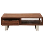 Brown Acacia Wood 1-Drawer Coffee Table with 1 Open Shelf and Stainless Steel Legs | Simla