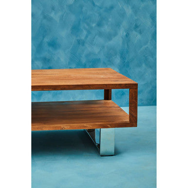 Brown Acacia Wood 1-Drawer Coffee Table with 1 Open Shelf and Stainless Steel Legs | Simla