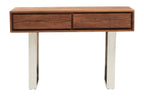 Brown Warm Toned Acacia Wood Two-Drawer Console Table with Silver Stainless Steel Legs, Simla