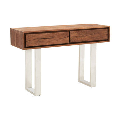 Brown Warm Toned Acacia Wood Two-Drawer Console Table with Silver Stainless Steel Legs | Simla