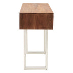 Brown Warm Toned Acacia Wood Two-Drawer Console Table with Silver Stainless Steel Legs, Simla