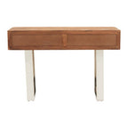 Brown Warm Toned Acacia Wood Two-Drawer Console Table with Silver Stainless Steel Legs, Simla