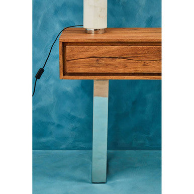 Brown Warm Toned Acacia Wood Two-Drawer Console Table with Silver Stainless Steel Legs, Simla