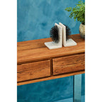 Brown Warm Toned Acacia Wood Two-Drawer Console Table with Silver Stainless Steel Legs, Simla