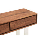 Brown Warm Toned Acacia Wood Two-Drawer Console Table with Silver Stainless Steel Legs, Simla