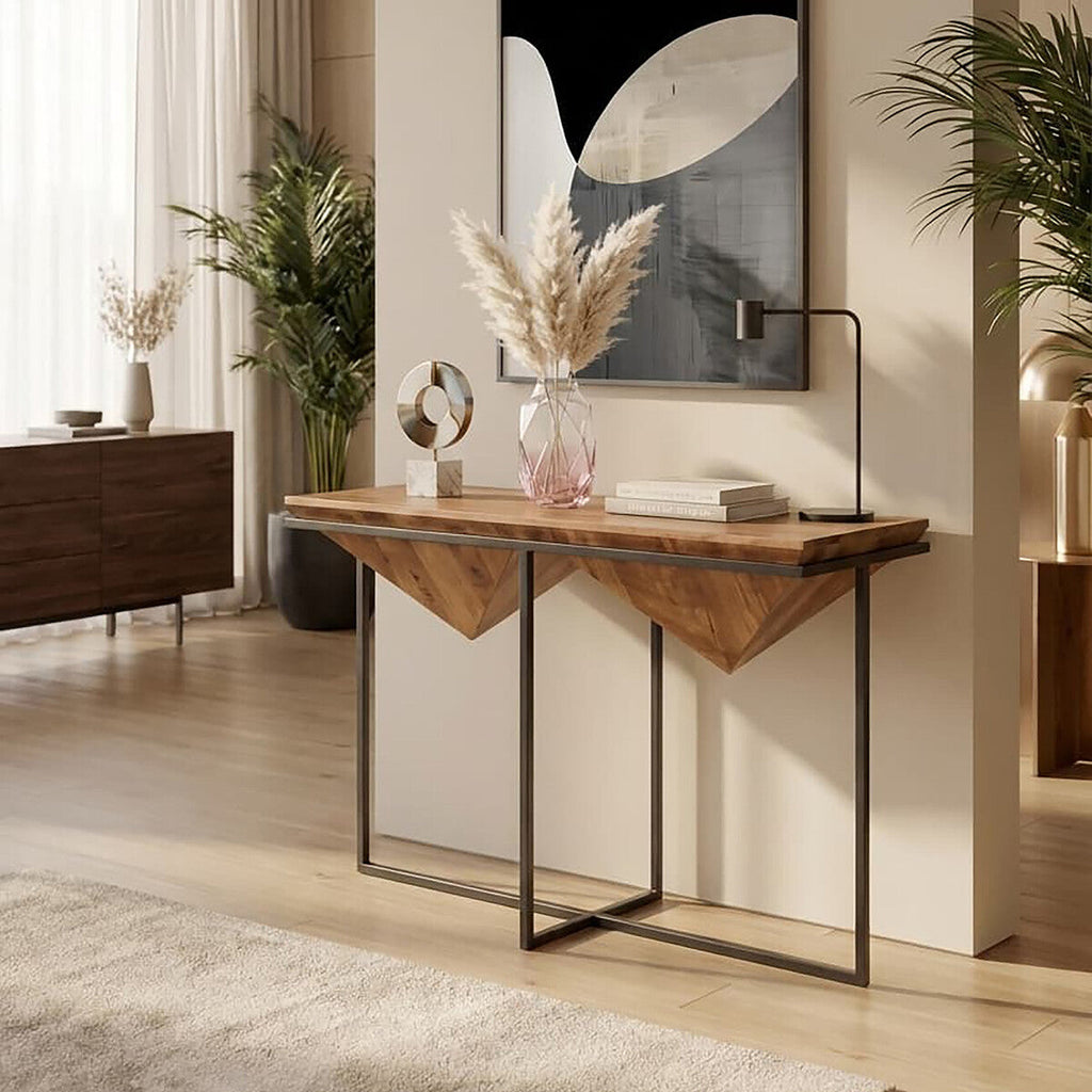 Brown Acacia Wood Pyramid Style Console Table with Black Metal Frame | Shimla