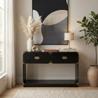 Black Mango Wood 2-Drawer Console Table with Gold-Tone Handles, Sarter