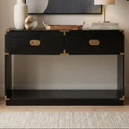 Black Mango Wood 2-Drawer Console Table with Gold-Tone Handles, Sarter