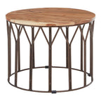 Natural Solid Acacia Wood Round Coffee Table with Dark Geometric Lattice Metal Frame | Boho