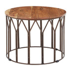 Natural Solid Acacia Wood Round Coffee Table with Dark Geometric Lattice Metal Frame | Boho
