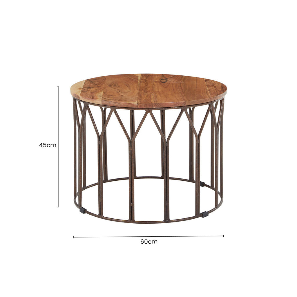 Natural Solid Acacia Wood Round Coffee Table with Dark Geometric Lattice Metal Frame | Boho