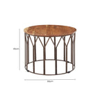 Natural Solid Acacia Wood Round Coffee Table with Dark Geometric Lattice Metal Frame | Boho