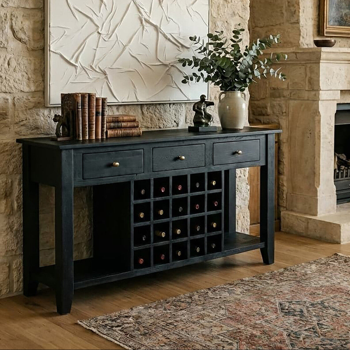 Black Mango Wood Console Table with 20-Bottle Wine Storage and 3 Drawers | Fusion