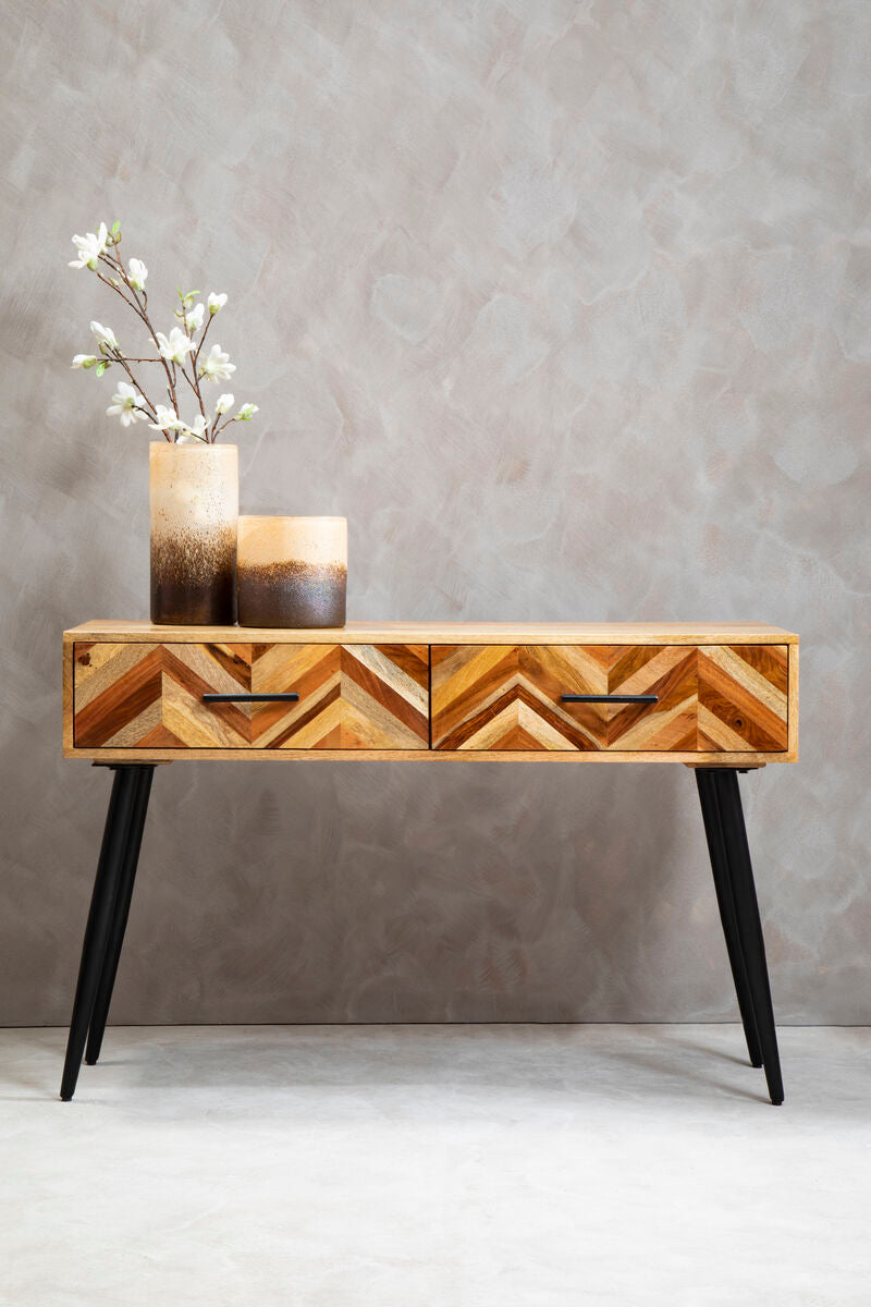 Mango Wood 2-Drawer Console Table with Multi Tonal Chevron Front and Black Iron Legs | Boho