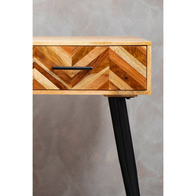 Mango Wood 2-Drawer Console Table with Multi Tonal Chevron Front and Black Iron Legs | Boho