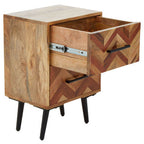 Mango Wood Two-Drawer Bedside Table with Handcrafted Chevron Front and Black Iron Legs, Boho