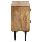 Mango Wood Two-Drawer Bedside Table with Handcrafted Chevron Front and Black Iron Legs, Boho