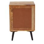 Mango Wood Two-Drawer Bedside Table with Handcrafted Chevron Front and Black Iron Legs, Boho