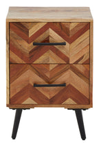 Mango Wood Two-Drawer Bedside Table with Handcrafted Chevron Front and Black Iron Legs, Boho