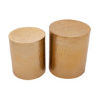 Set of 2 Gold Metallic Cylindrical Side Tables and Stools with Chevron Textured Surface | Templar