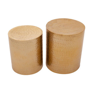 Set of 2 Gold Metallic Cylindrical Side Tables and Stools with Chevron Textured Surface, Templar