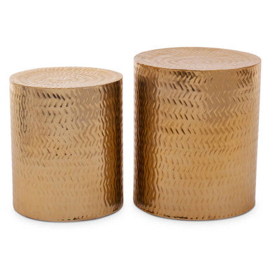 Set of 2 Gold Metallic Cylindrical Side Tables and Stools with Chevron Textured Surface, Templar