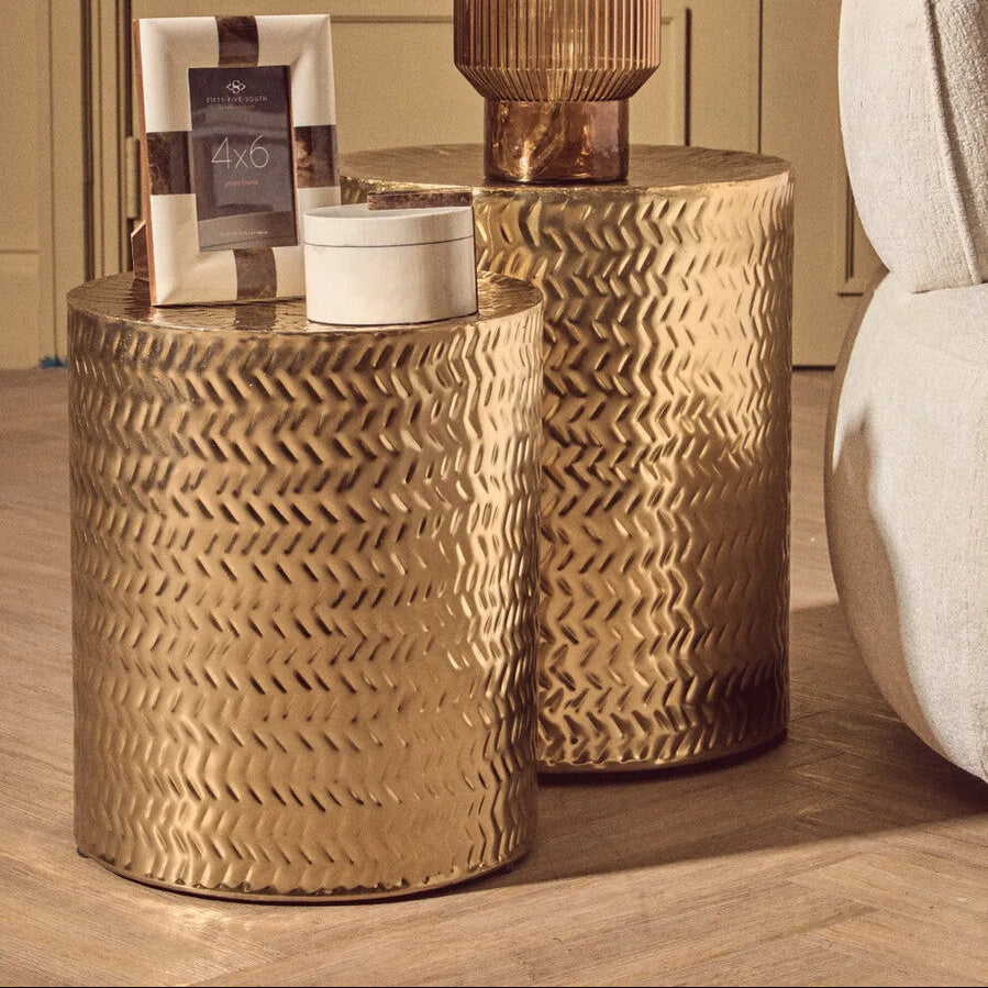 Set of 2 Gold Metallic Cylindrical Side Tables and Stools with Chevron Textured Surface, Templar