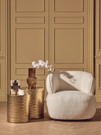 Set of 2 Gold Metallic Cylindrical Side Tables and Stools with Chevron Textured Surface | Templar