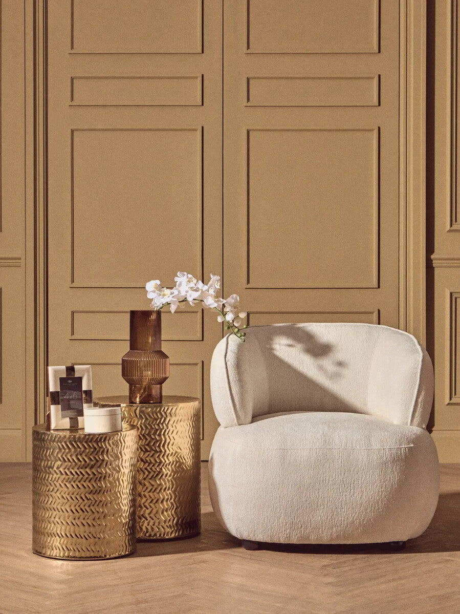 Set of 2 Gold Metallic Cylindrical Side Tables and Stools with Chevron Textured Surface | Templar
