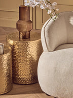 Set of 2 Gold Metallic Cylindrical Side Tables and Stools with Chevron Textured Surface | Templar