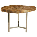 Natural Small Rustic Petrified Wood Top Side Table with Silver Finish Metal Frame | Relic