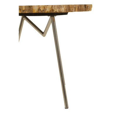Natural Large Rustic Petrified Wood Top Side Table with Silver Finish Metal Frame | Relic