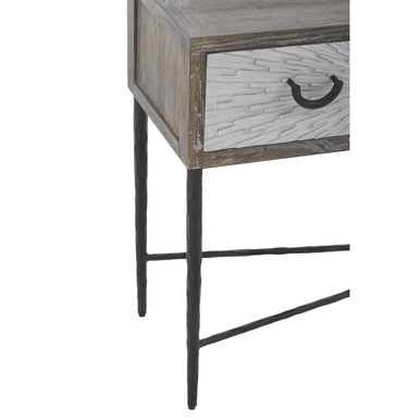 Dark Mud Grey Elm Wood 4-Drawer Console Table Textured Drawer Fronts and Antique Metal Legs | Milan