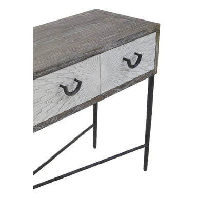 Dark Mud Grey Elm Wood 4-Drawer Console Table Textured Drawer Fronts and Antique Metal Legs | Milan